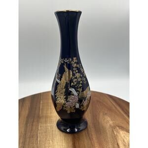 Vintage Kutani Ware Japanese Porcelain Vase Peacock Etched Gold Floral Decor 8"